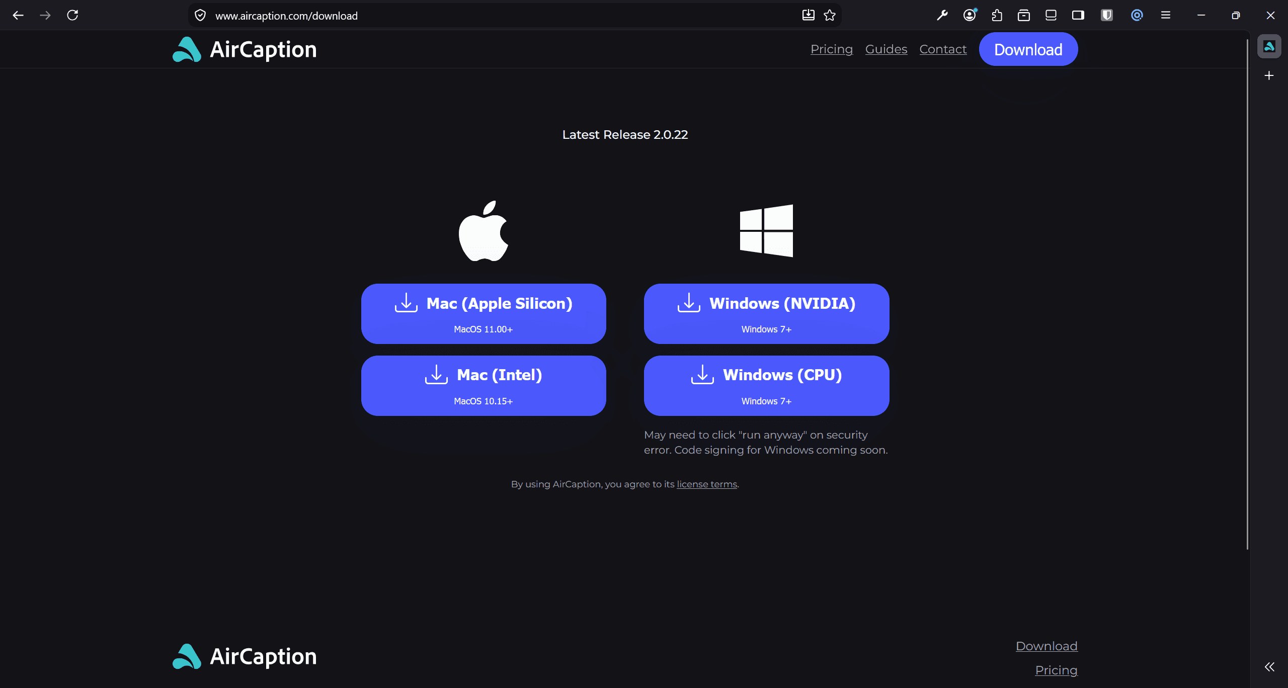 The AirCaption download page showing four buttons: Mac Apple Silicon, Mac Intel, Windows NVIDIA and Windows CPU