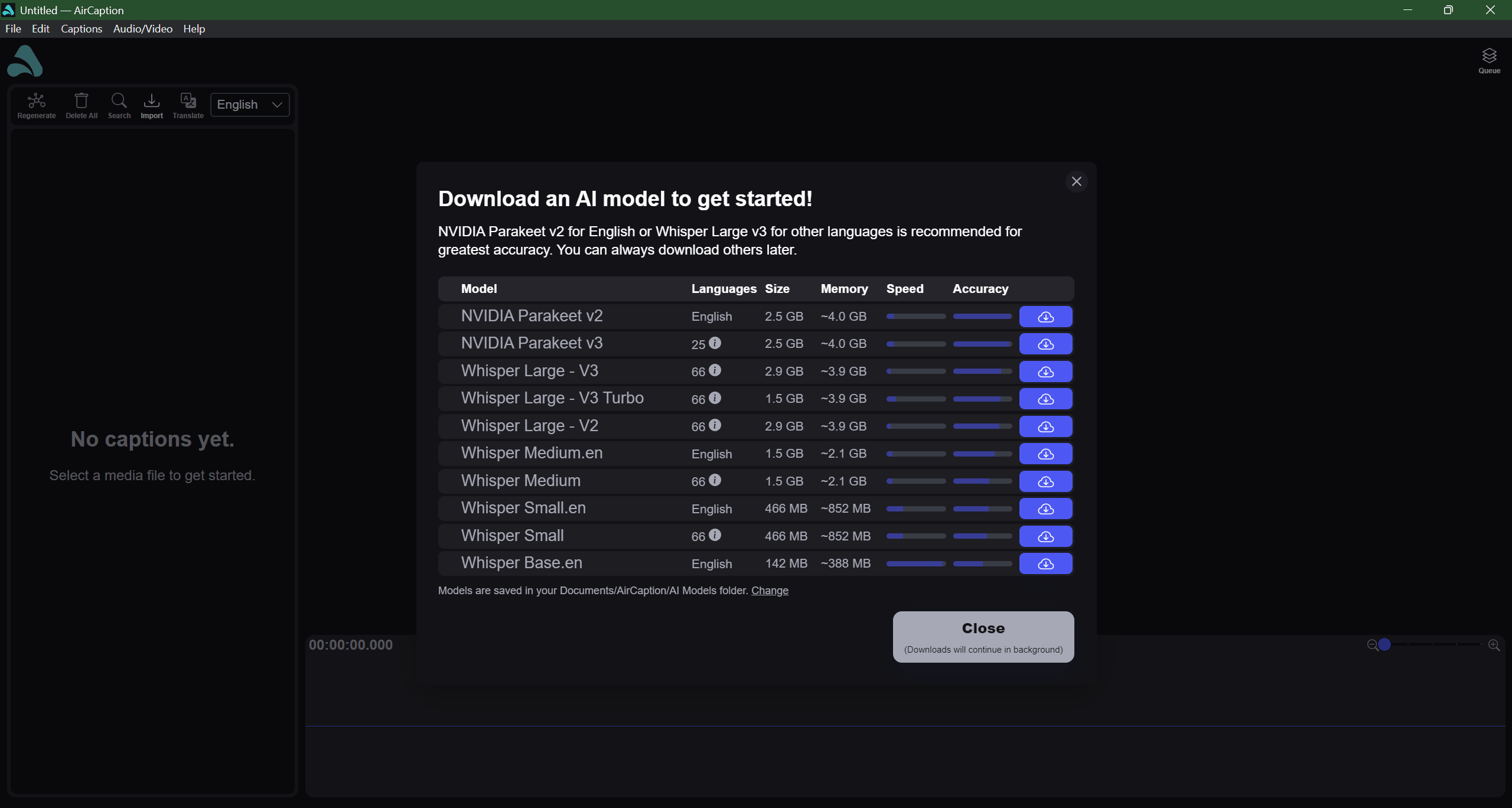 The Download an AI model to get started window, listing each model with its languages, download size, memory use, speed and accuracy