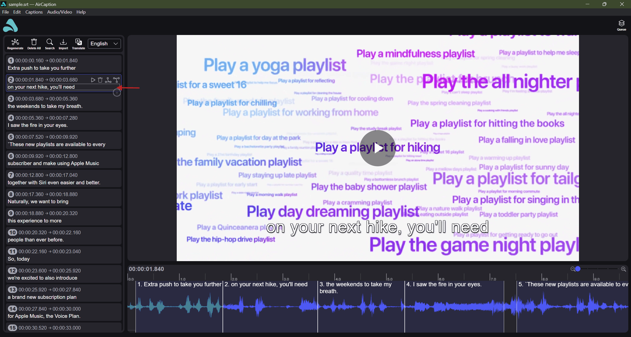 A caption being edited in the AirCaption editor, with the play, delete, merge and split buttons showing on the caption row
