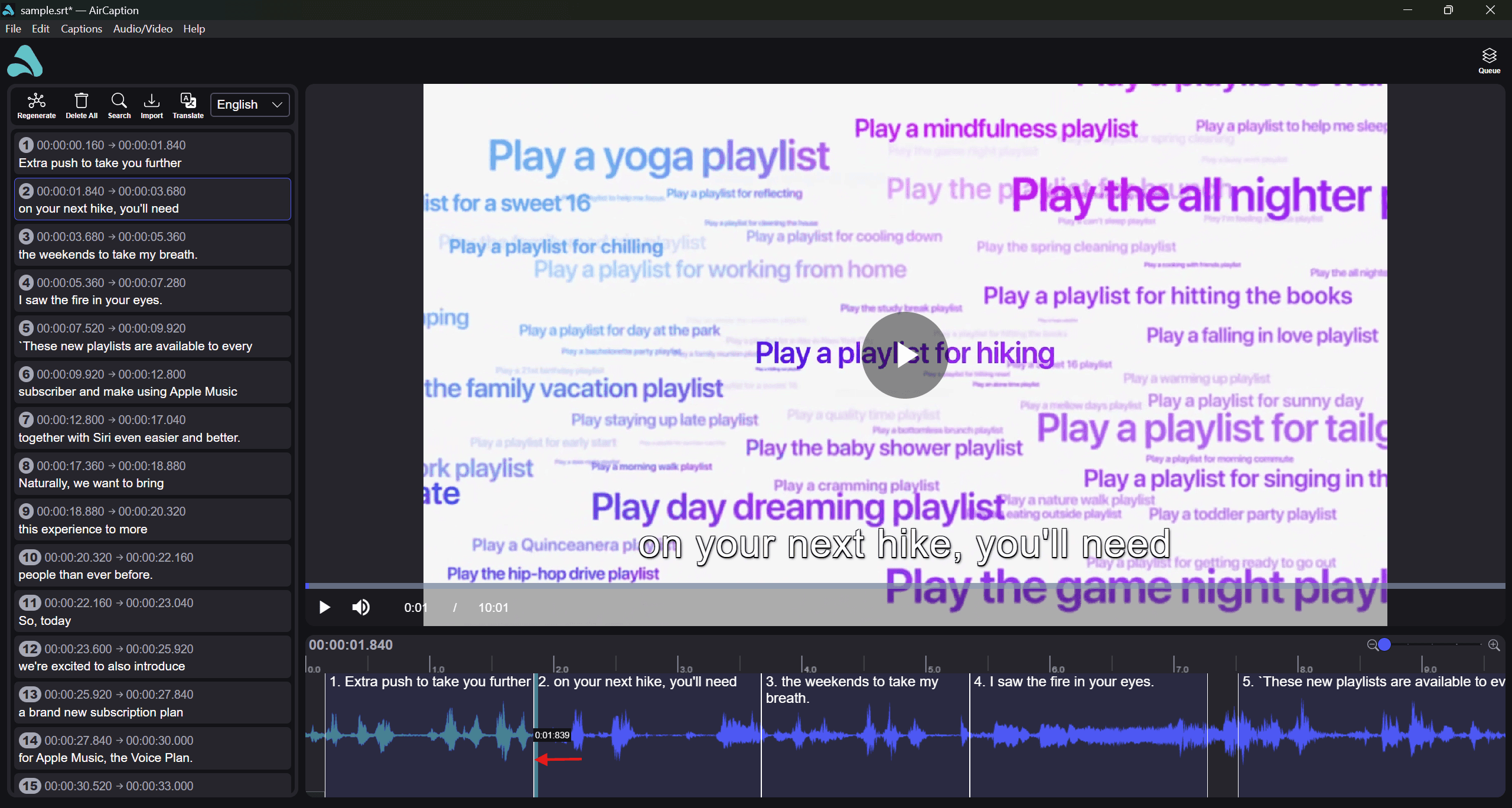 A caption region being dragged on the AirCaption waveform timeline to adjust where it starts