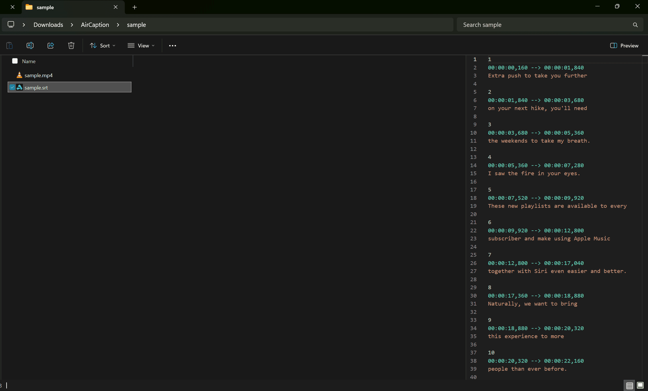 A finished SRT file sitting beside the original video file in a folder, with its captions and timecodes shown in a preview pane