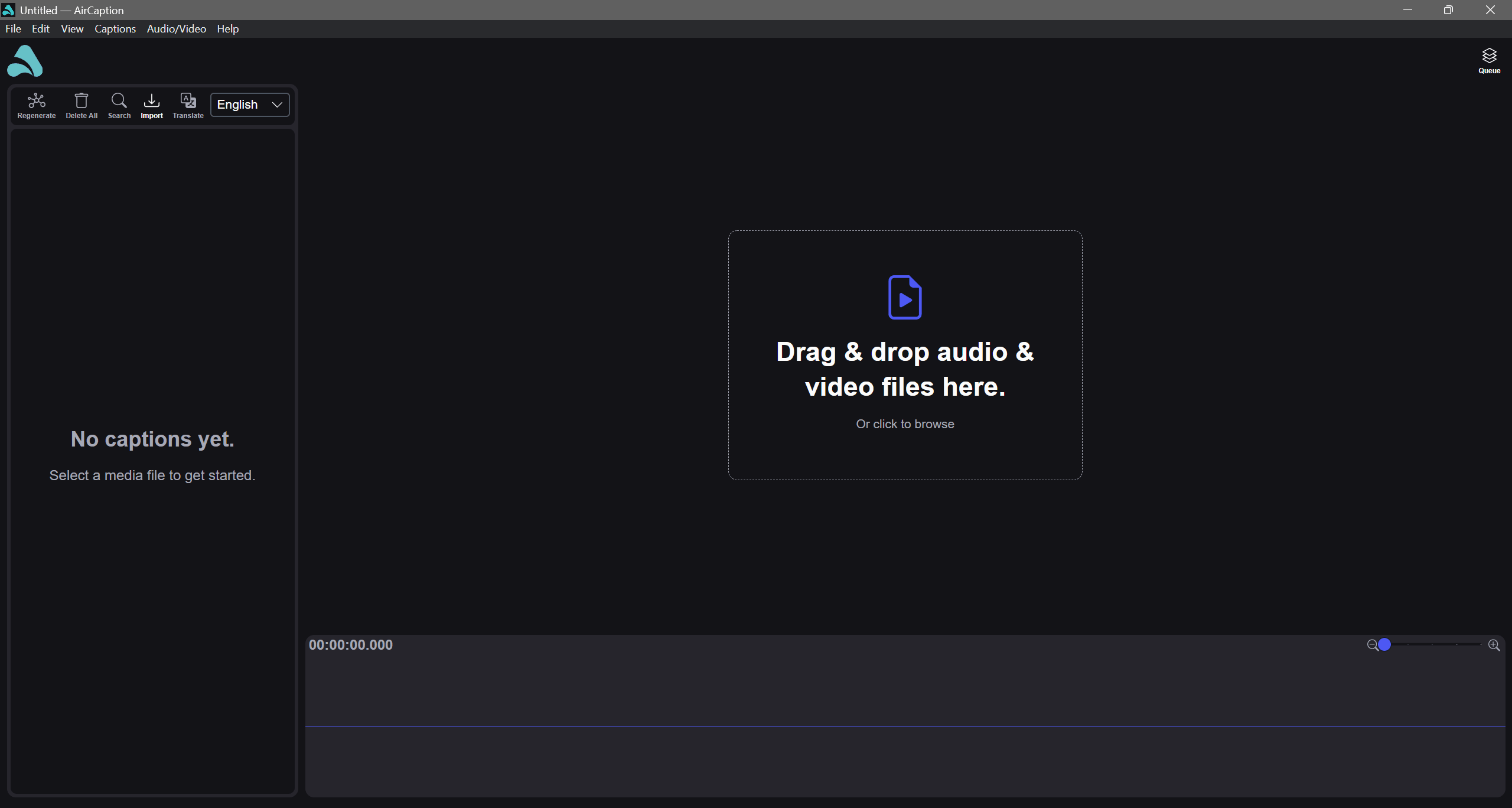 The AirCaption start screen, ready for a video or audio file to be opened
