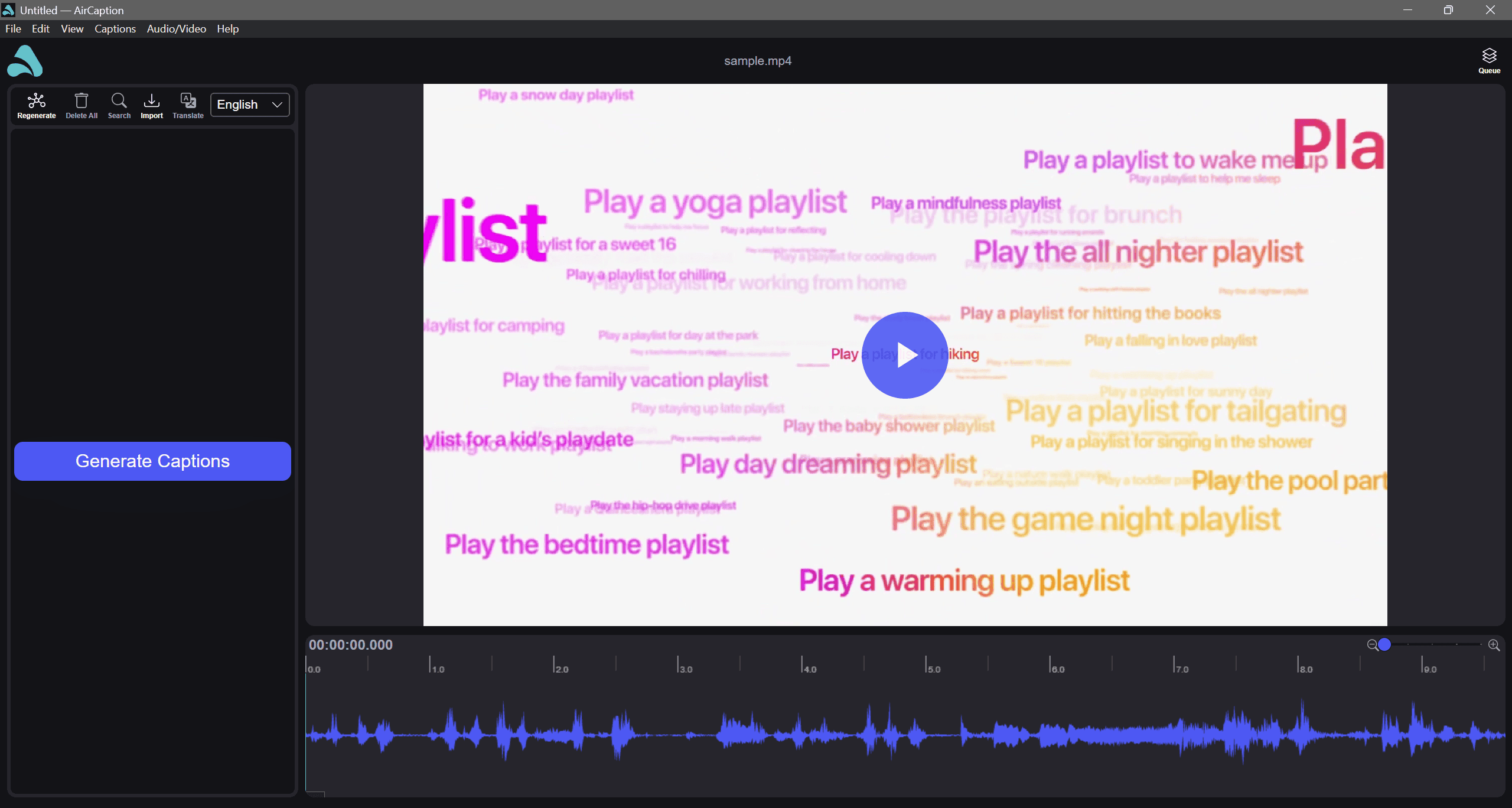A video loaded into AirCaption, with the player on the right and the audio waveform along the bottom