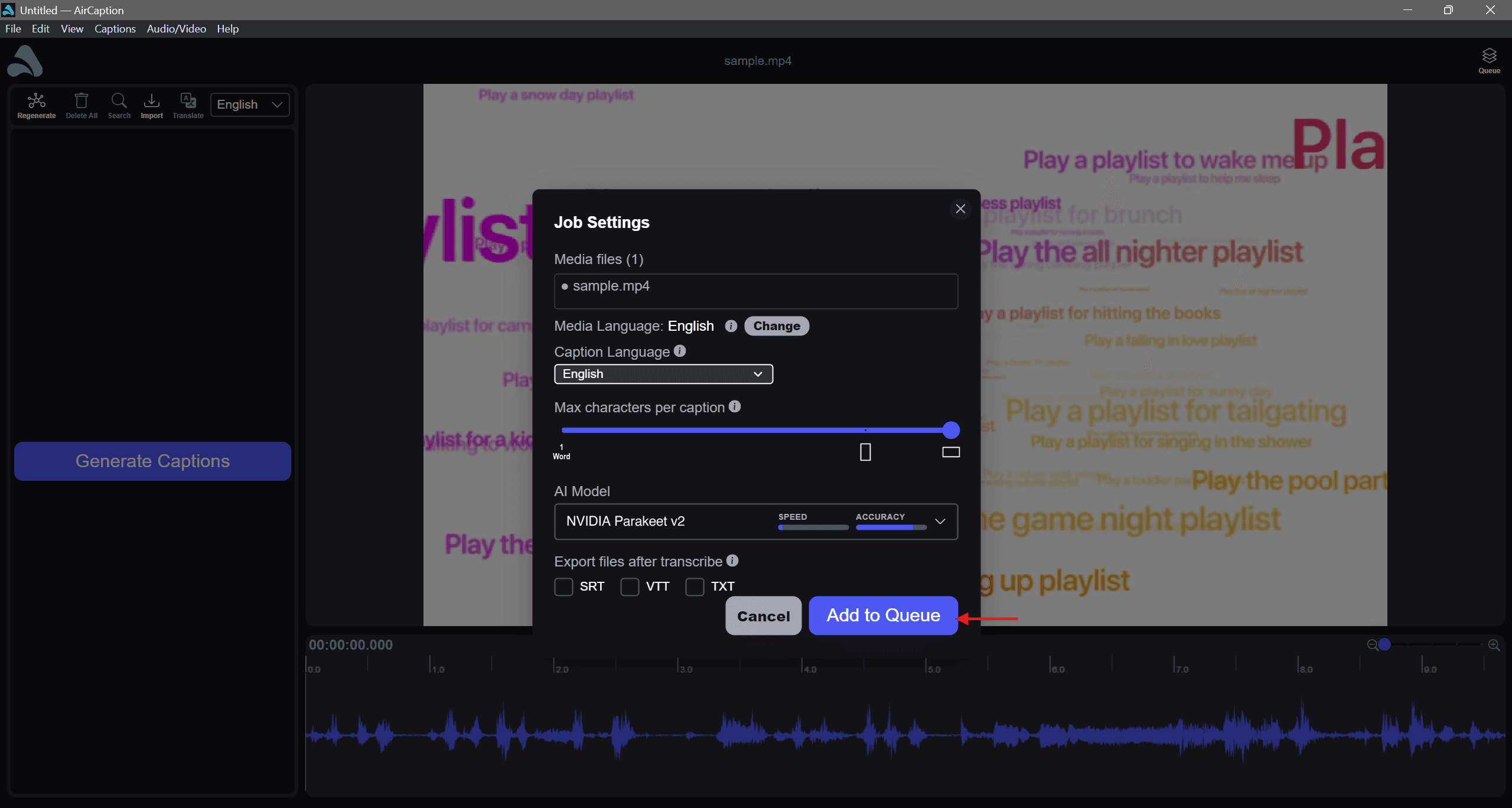 The Job Settings dialog with Media Language set to English and NVIDIA Parakeet v2 chosen as the AI model
