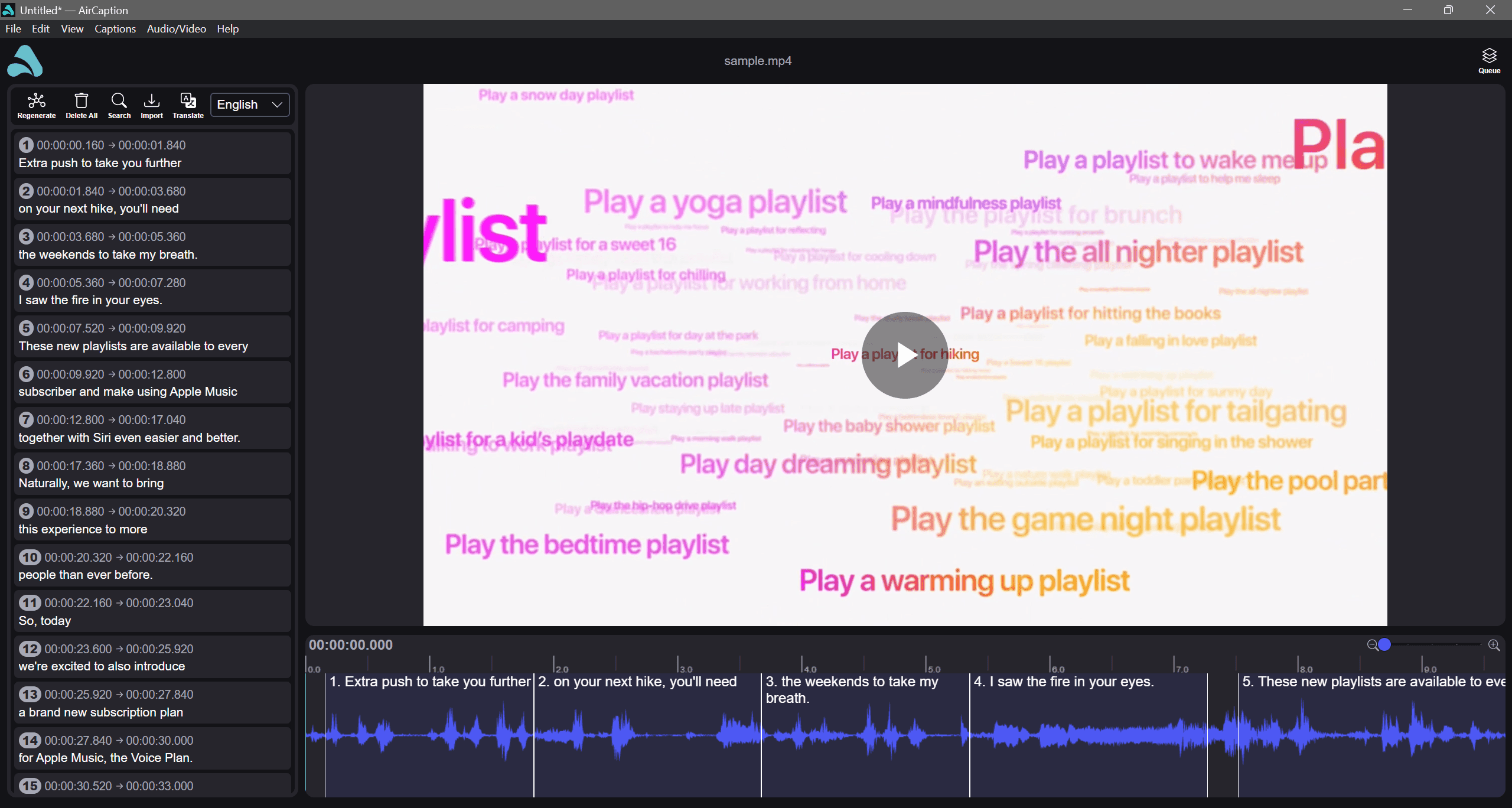Finished captions in the AirCaption editor, lined up beneath the waveform