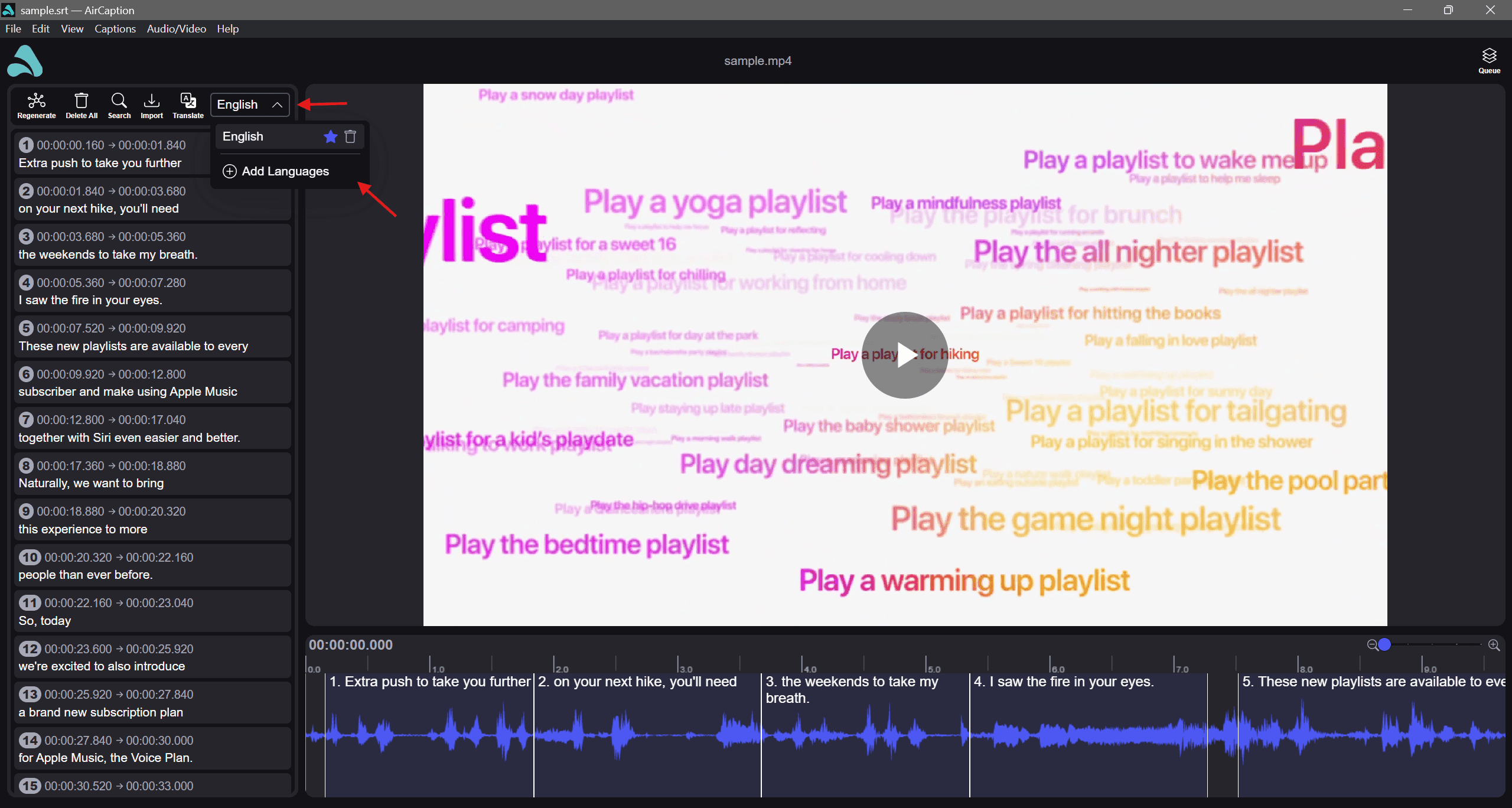 The language dropdown open above the captions, with Add Languages at the bottom of the list