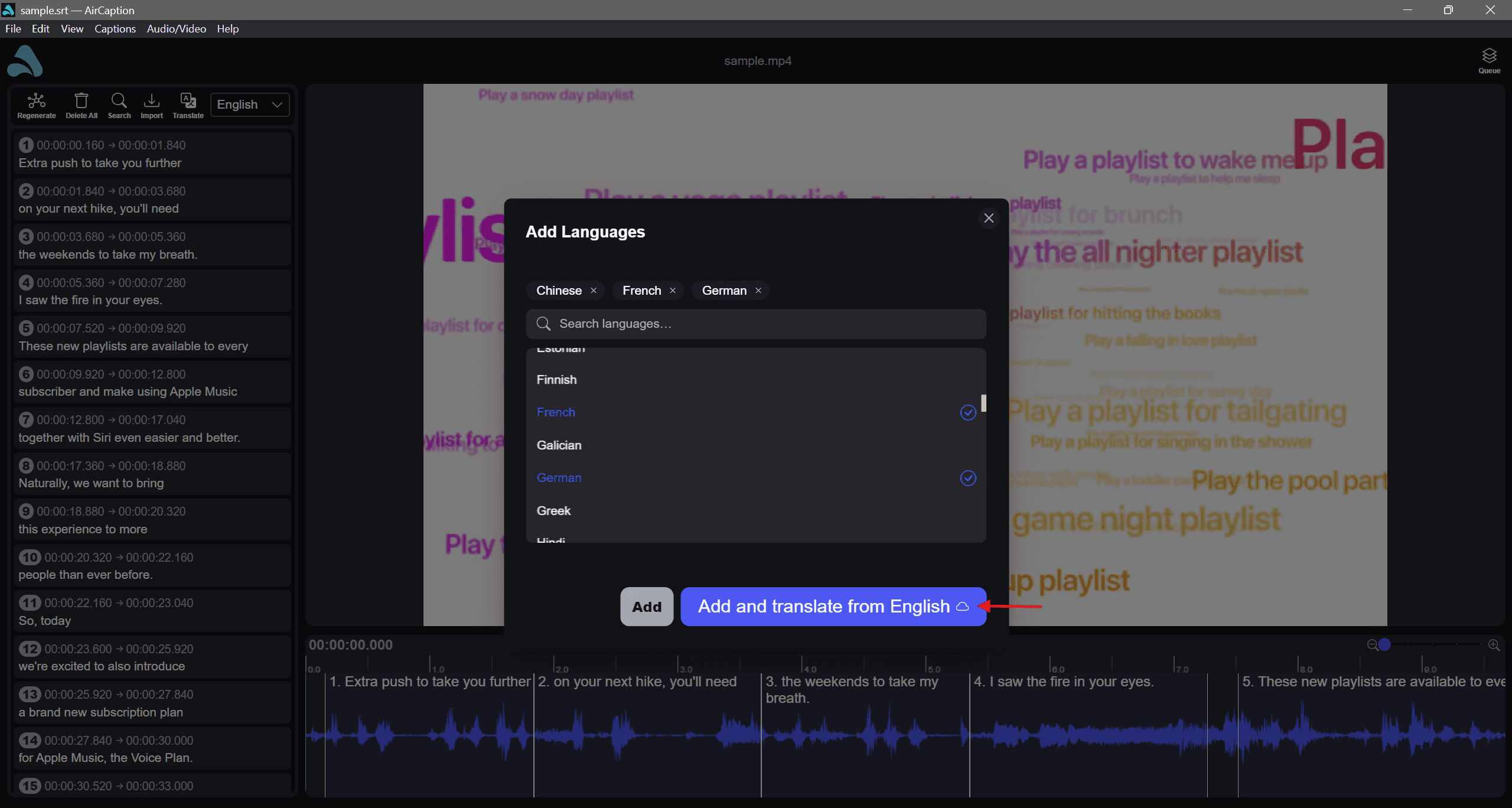 The Add Languages dialog with several target languages selected as chips