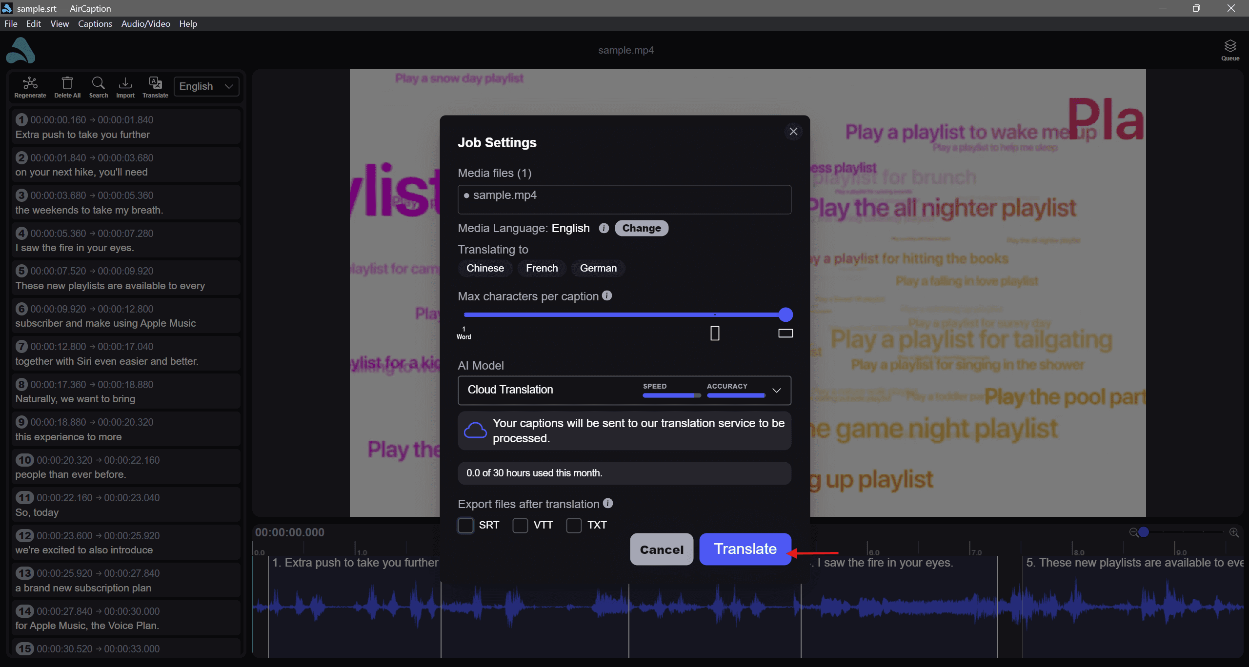 The Job Settings dialog with AI Model set to Cloud Translation and the Translate button below