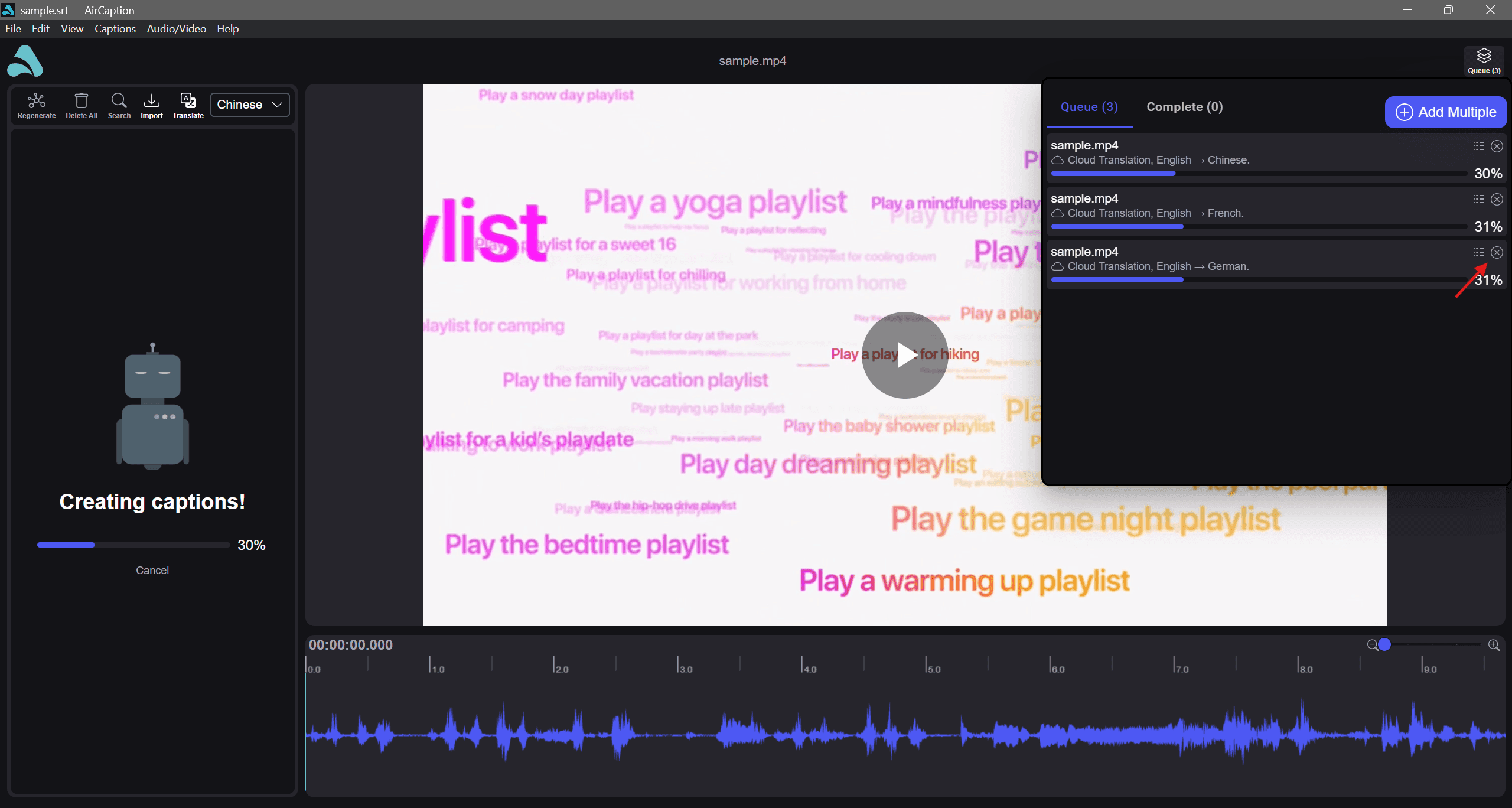 The Queue panel showing cloud translation jobs in progress